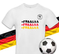 XXUwe Fanshirt WM Deutschland Edition, weißes Baumwollshirt mit "Fraalää"-Schriftzug in Schwarz, Rot und Gold, Brustemblem "Seidlaas Siggi".