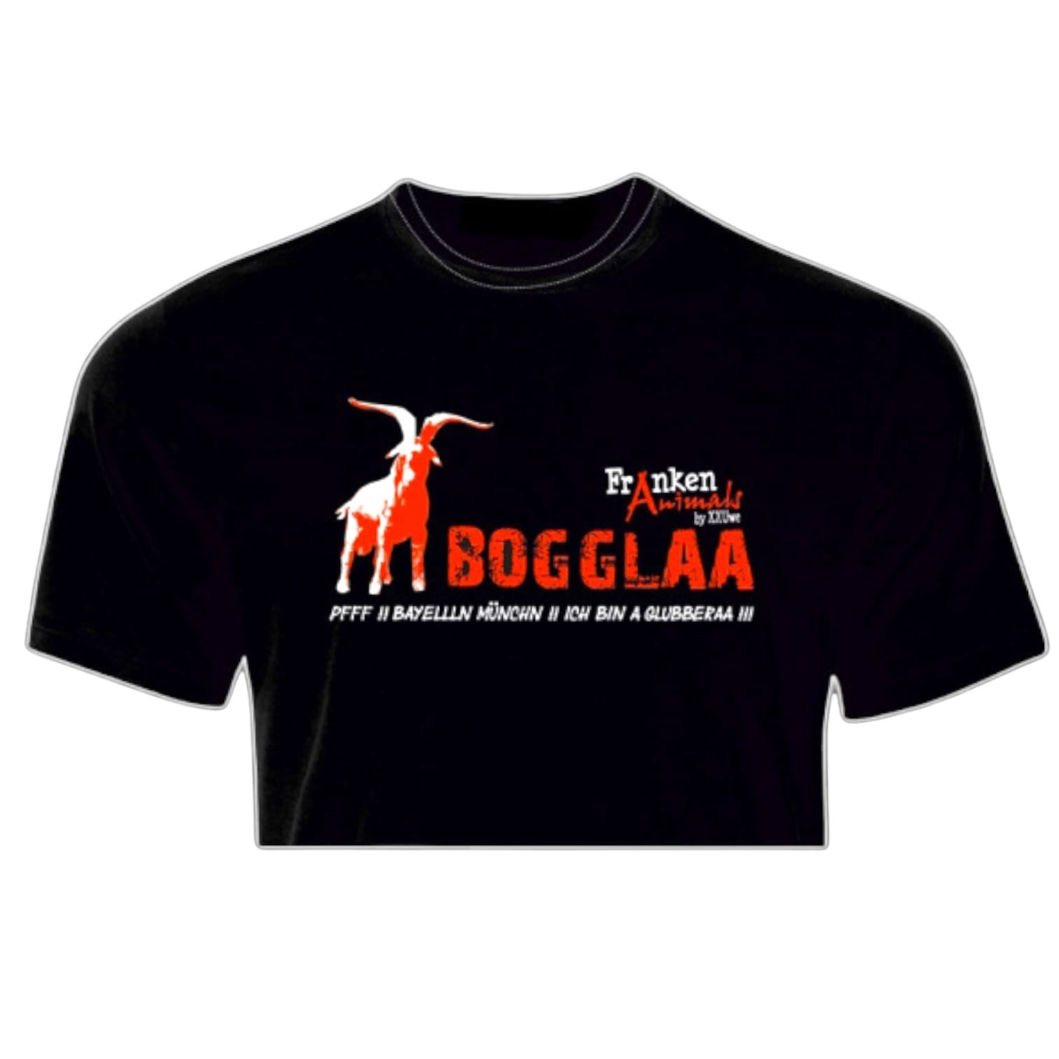 Schwarzes XXUwe T-Shirt aus Baumwolle mit Ziegenbock-Print, BOGGLAA-Schriftzug und fränkischem Statement-Spruch