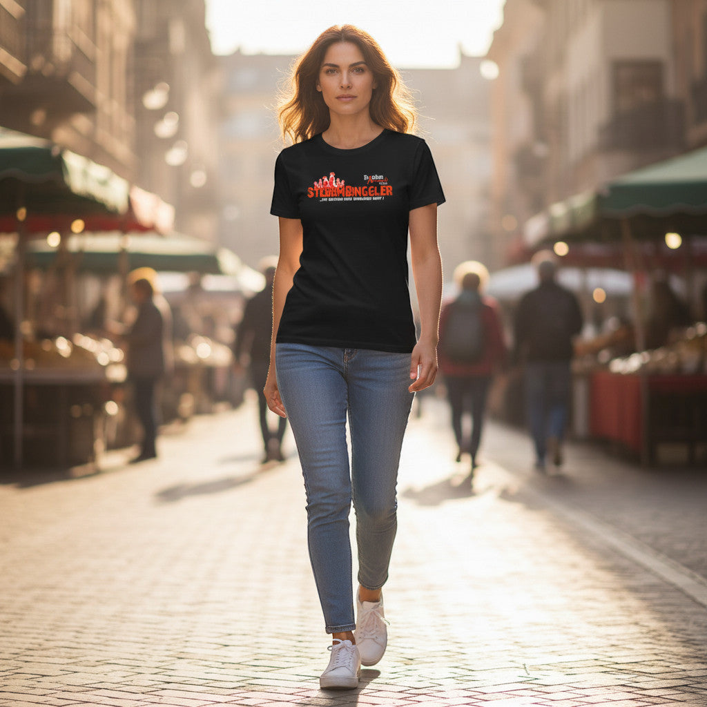 Frau trägt ein schwarzes XXUwe T-Shirt mit Erdmännchen-Motiv und Stebbmbinggler-Schriftzug auf einem sonnigen Marktplatz.