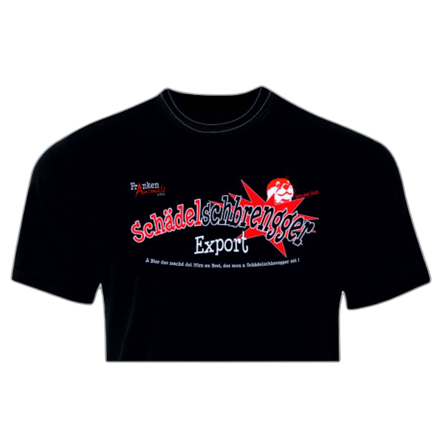 XXUwe schwarzes Baumwoll-T-Shirt mit rotem und weißem Schädelschbrengger-Druck und fränkischem Slogan