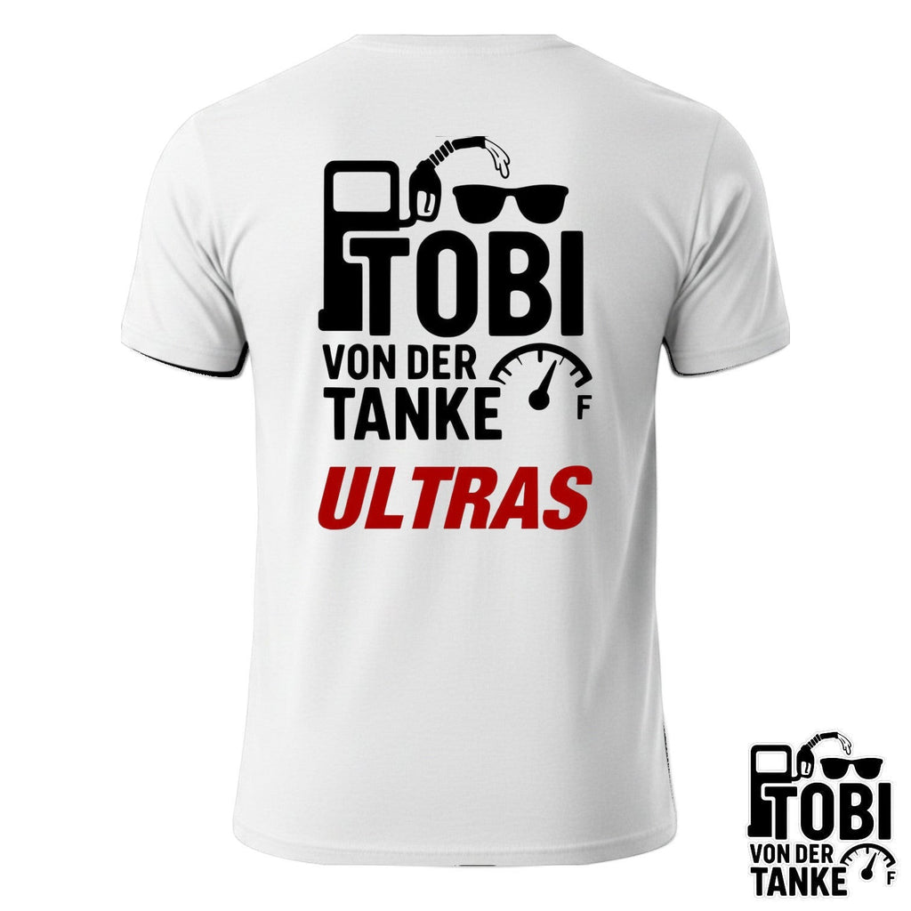 XXUwe Tobi von der Tanke T-Shirt in Weiß mit V-Ausschnitt und schwarzem Tobi von der Tanke Ultras-Rückendruck