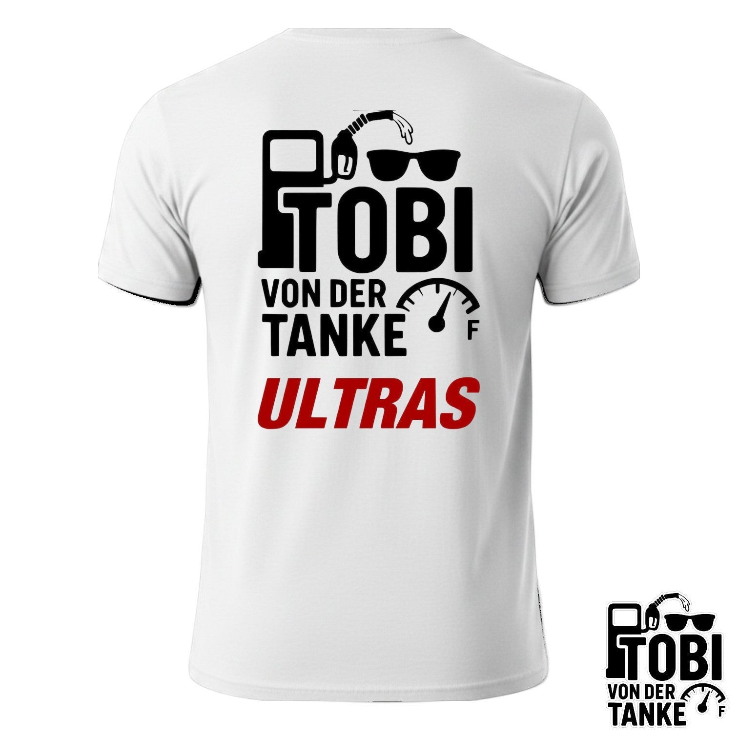 XXUwe Tobi von der Tanke T-Shirt in Weiß mit V-Ausschnitt und schwarzem Tobi von der Tanke Ultras-Rückendruck