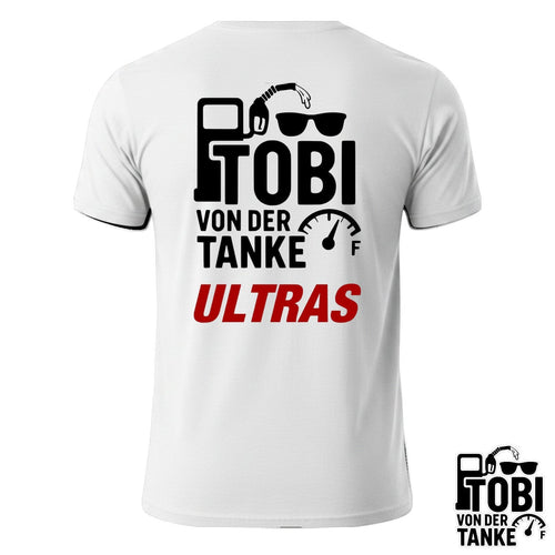 XXUwe Tobi von der Tanke T-Shirt in Weiß mit V-Ausschnitt und schwarzem Tobi von der Tanke Ultras-Rückendruck