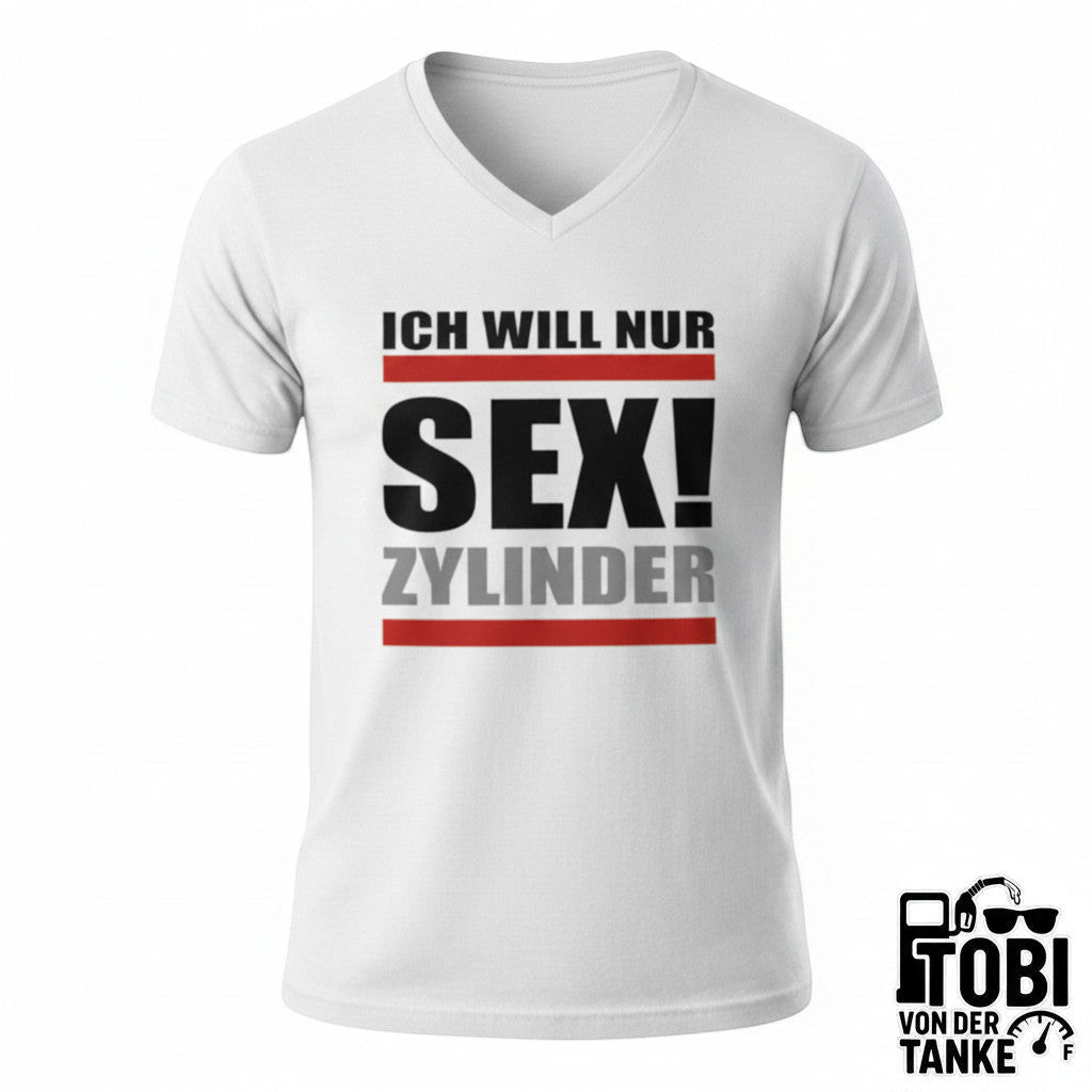 XXUwe Tobi von der Tanke T-Shirt in Weiss mit V-Ausschnitt und humorvollem SEX ZYLINDER -Druck auf der Vorderseite