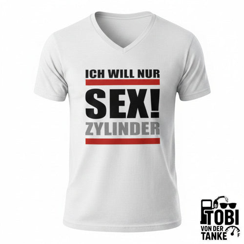 XXUwe Tobi von der Tanke T-Shirt in Weiss mit V-Ausschnitt und humorvollem SEX ZYLINDER -Druck auf der Vorderseite